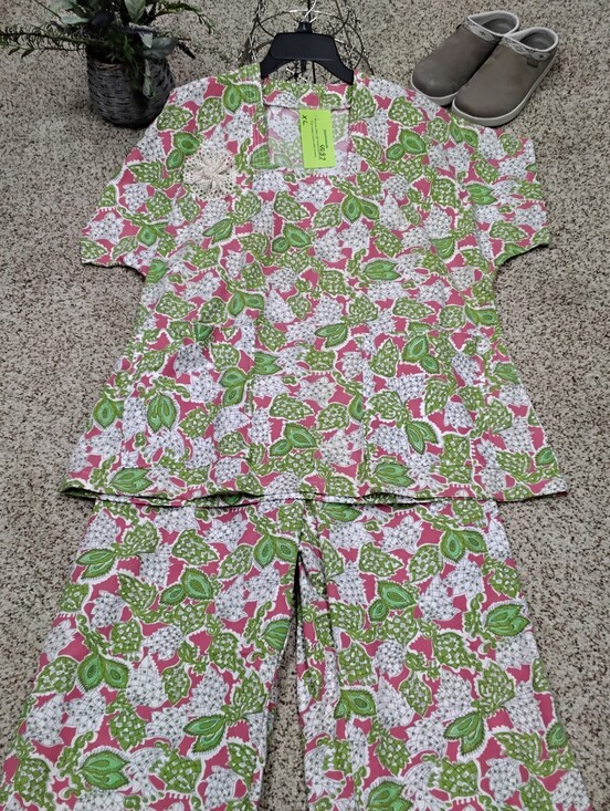 Handmade Pants - 4037 Size XL Handmade Cotton   Lend Pink & Green Floral Pant Set